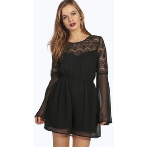 Black lace sexy romper with long bell sleeves